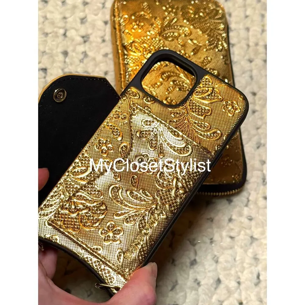 NEW! Gold Embossed Bandolier 2Pc Luxury Case Pouch iphone 13 Set RARE LIMITED Ed